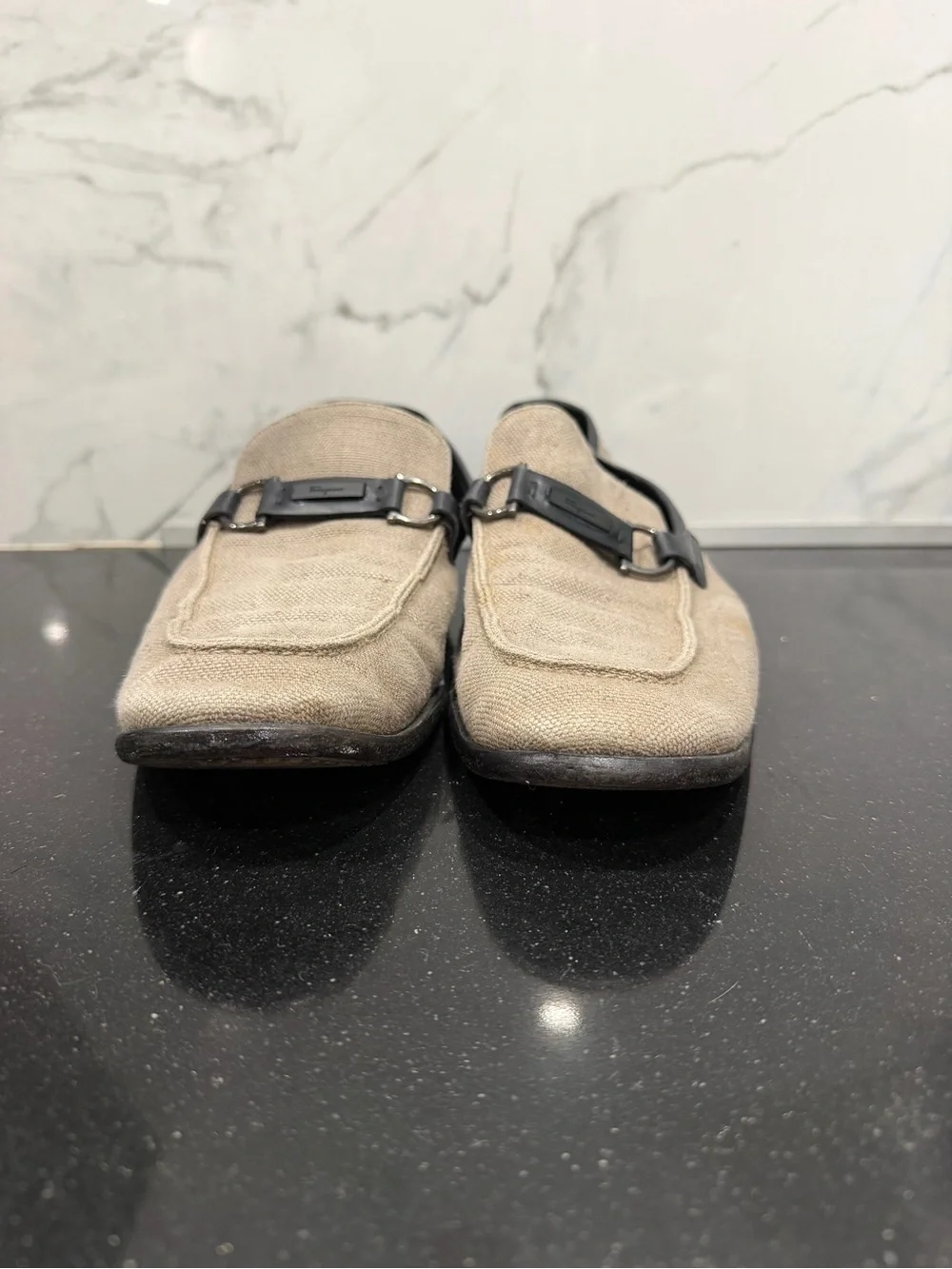 Salvatore Ferragamo Beige Canvas Loafers with Black Bit